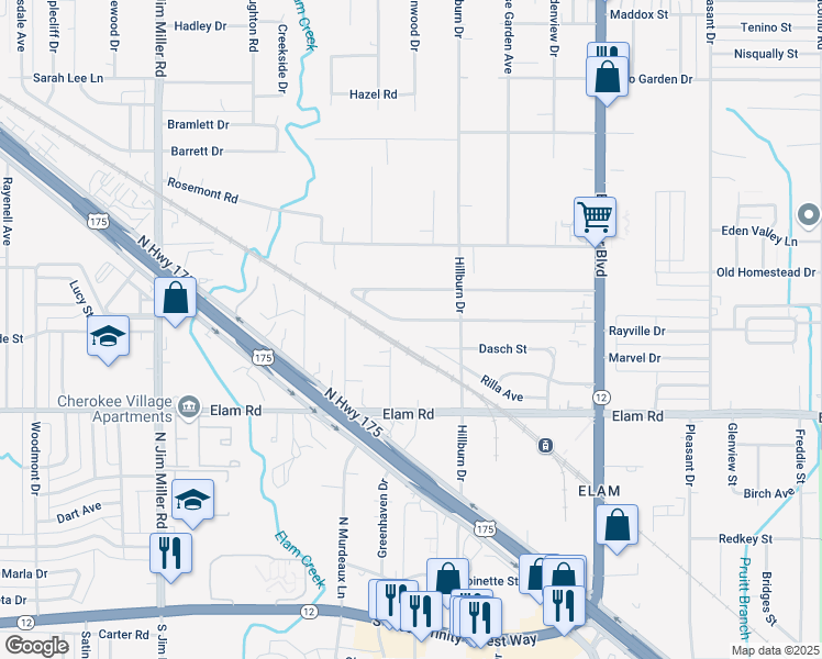 map of restaurants, bars, coffee shops, grocery stores, and more near 7702 Rayville Drive in Dallas
