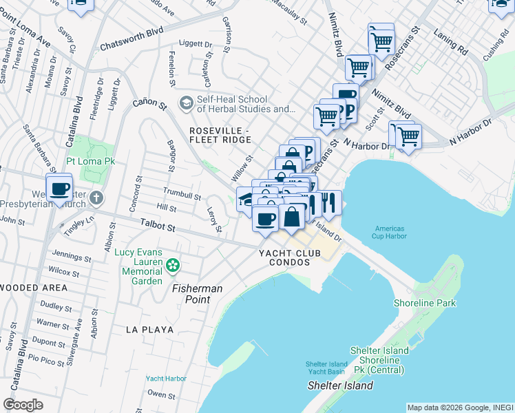 map of restaurants, bars, coffee shops, grocery stores, and more near 3118 Cañon Street in San Diego