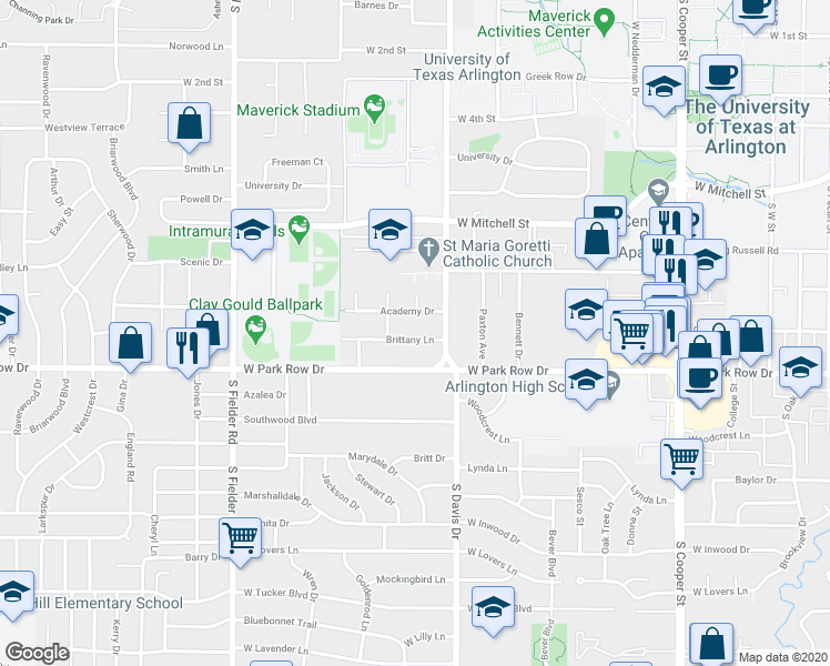map of restaurants, bars, coffee shops, grocery stores, and more near 1209 Brittany Lane in Arlington