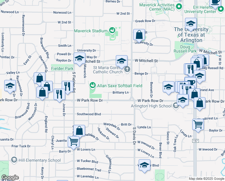 map of restaurants, bars, coffee shops, grocery stores, and more near 1303 Brittany Lane in Arlington