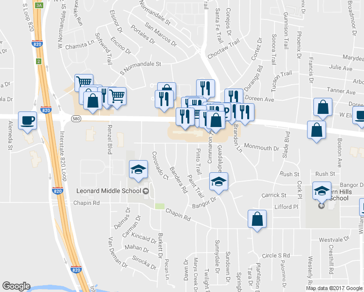 map of restaurants, bars, coffee shops, grocery stores, and more near 8709 Guadalupe Road in Fort Worth