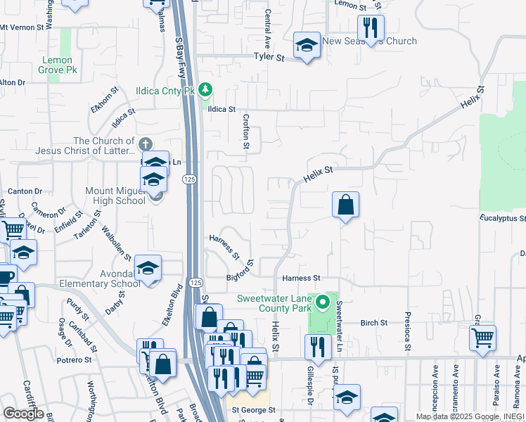 map of restaurants, bars, coffee shops, grocery stores, and more near 1818 Helix Street in Spring Valley