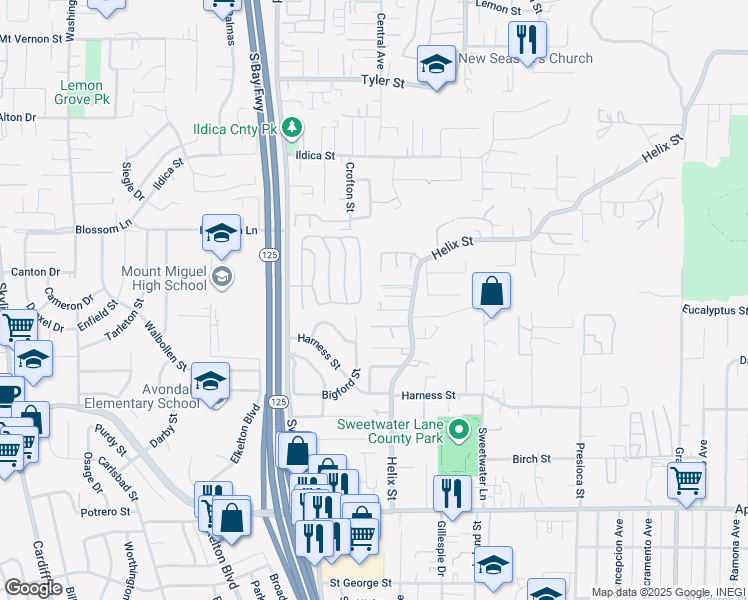 map of restaurants, bars, coffee shops, grocery stores, and more near 1818 Helix Street in Spring Valley