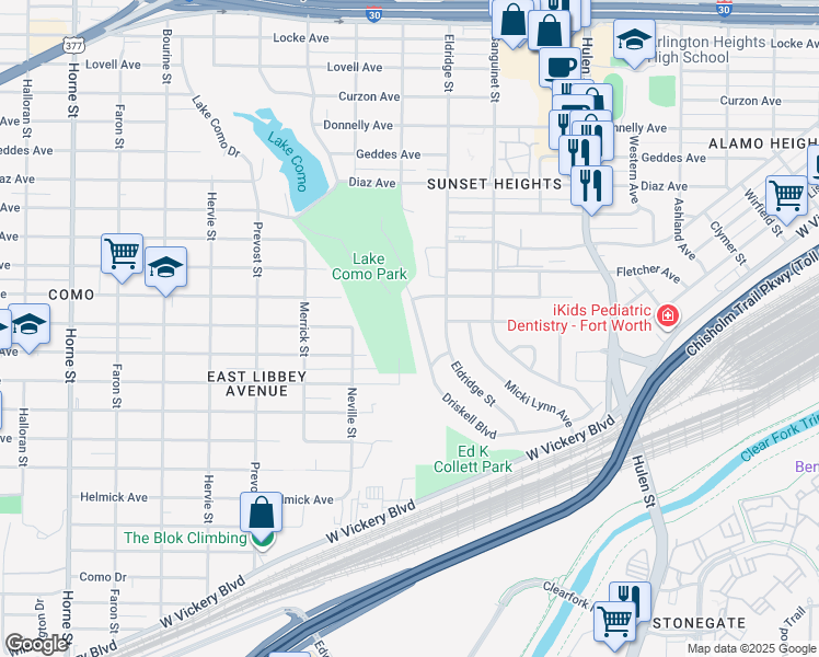 map of restaurants, bars, coffee shops, grocery stores, and more near 3816 Driskell Boulevard in Fort Worth