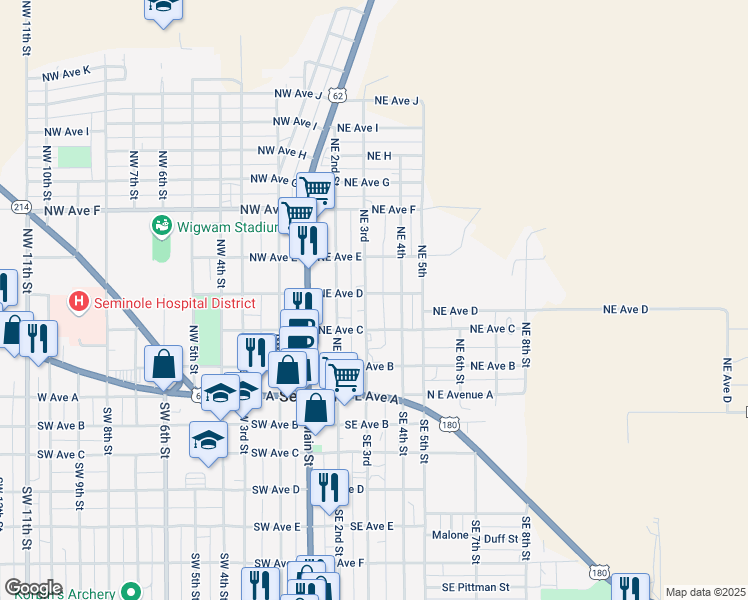 map of restaurants, bars, coffee shops, grocery stores, and more near 308 Northeast 3rd in Seminole