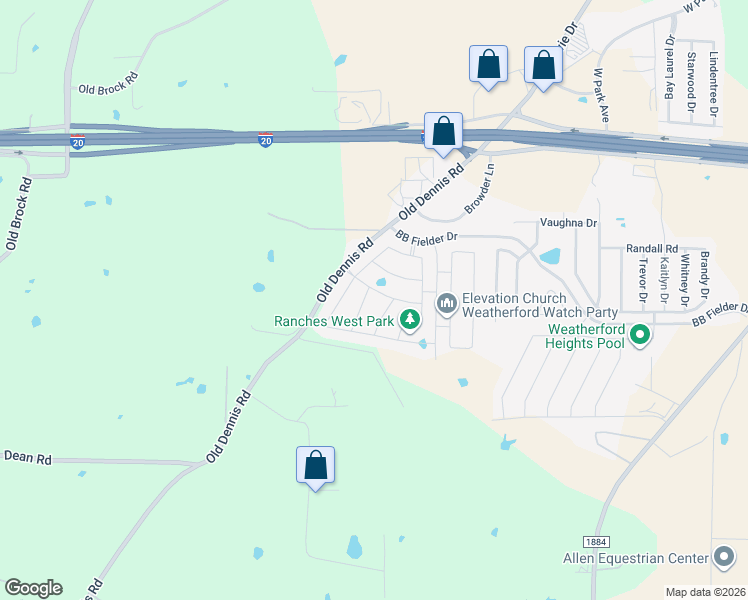 map of restaurants, bars, coffee shops, grocery stores, and more near 2215 Old Dennis Road in Weatherford