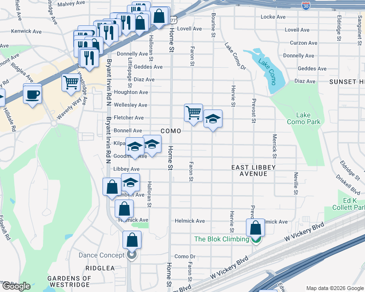 map of restaurants, bars, coffee shops, grocery stores, and more near 5617 Kilpatrick Avenue in Fort Worth