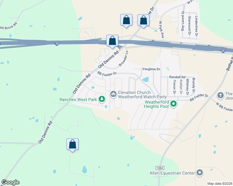 map of restaurants, bars, coffee shops, grocery stores, and more near 2425 Old Dennis Road in Weatherford