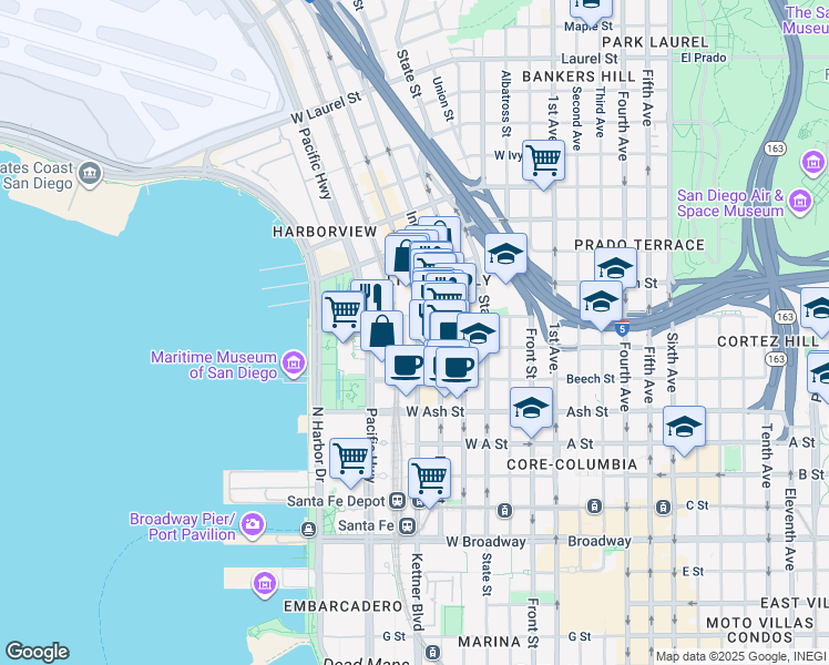 map of restaurants, bars, coffee shops, grocery stores, and more near 1670 Kettner Boulevard in San Diego