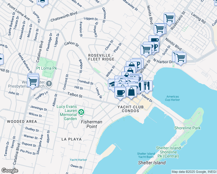 map of restaurants, bars, coffee shops, grocery stores, and more near 1084 Evergreen Street in San Diego