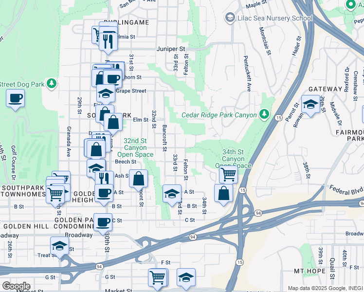 map of restaurants, bars, coffee shops, grocery stores, and more near 3318 Cedar Street in San Diego