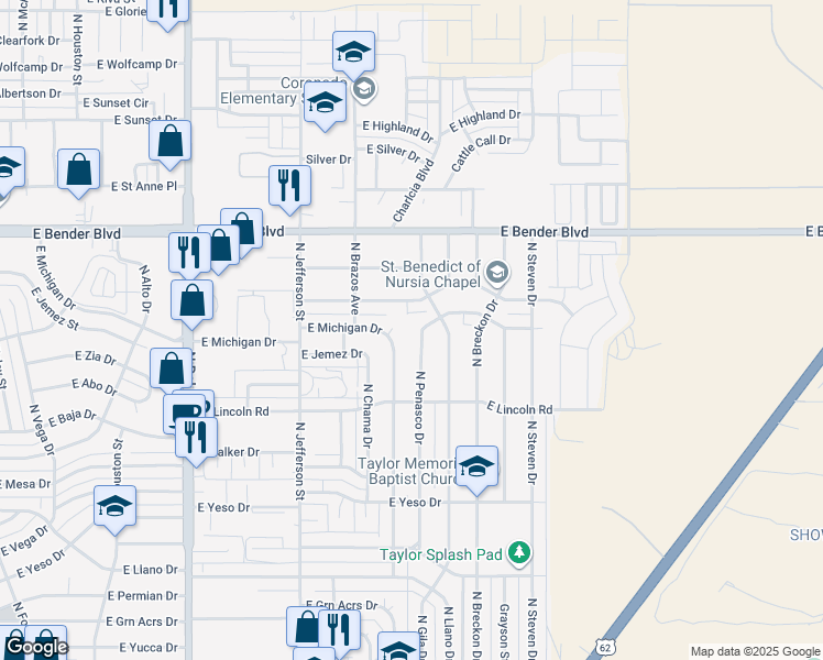 map of restaurants, bars, coffee shops, grocery stores, and more near 1923 North Penasco Drive in Hobbs