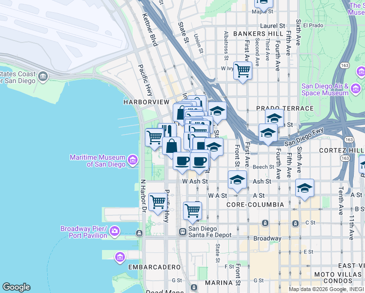 map of restaurants, bars, coffee shops, grocery stores, and more near 1670 Kettner Boulevard in San Diego
