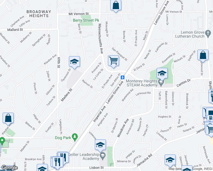 map of restaurants, bars, coffee shops, grocery stores, and more near 1749 El Prado Avenue in Lemon Grove