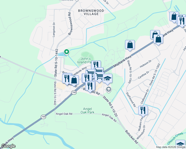 map of restaurants, bars, coffee shops, grocery stores, and more near 3548 Maybank Highway in Johns Island