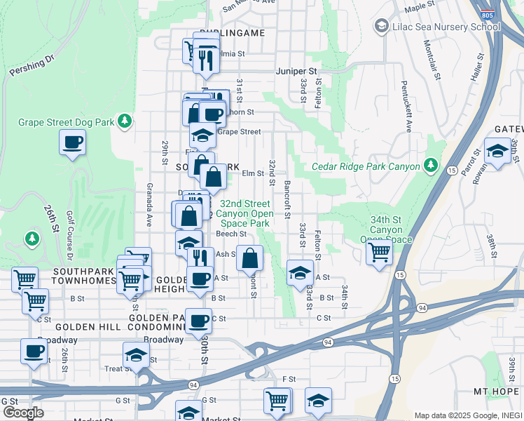 map of restaurants, bars, coffee shops, grocery stores, and more near 3168 Cedar Street in San Diego