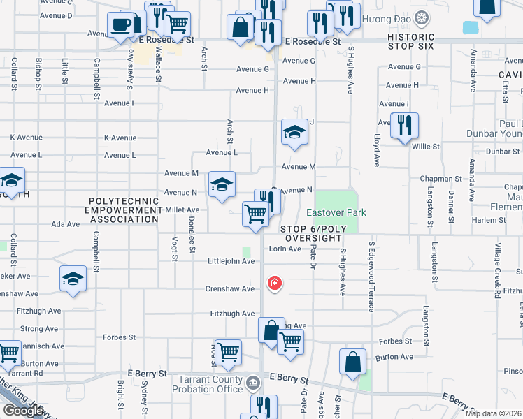 map of restaurants, bars, coffee shops, grocery stores, and more near 4133 Millet Avenue in Fort Worth