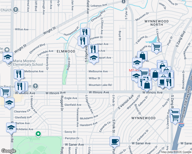 map of restaurants, bars, coffee shops, grocery stores, and more near 1223 Wilbur Street in Dallas