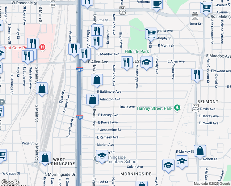 map of restaurants, bars, coffee shops, grocery stores, and more near 1000 East Baltimore Avenue in Fort Worth