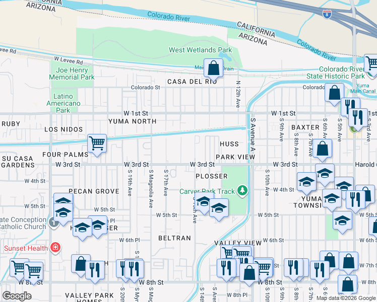 map of restaurants, bars, coffee shops, grocery stores, and more near 269 South 16th Avenue in Yuma