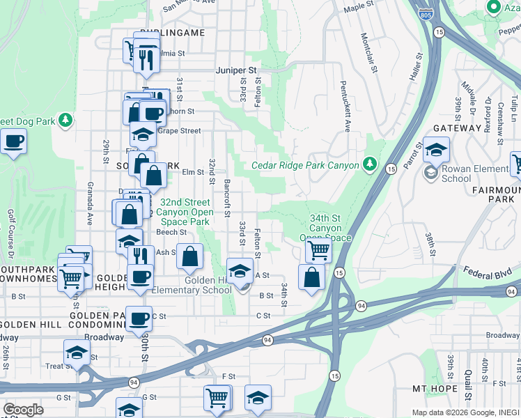map of restaurants, bars, coffee shops, grocery stores, and more near 1603-5 Felton Street in San Diego