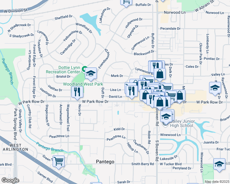 map of restaurants, bars, coffee shops, grocery stores, and more near 2916 Lisa Lane in Arlington