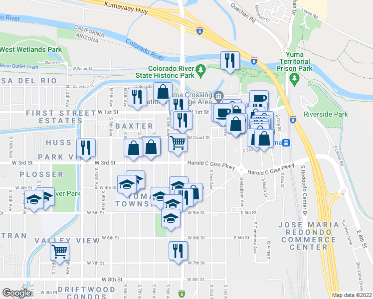 map of restaurants, bars, coffee shops, grocery stores, and more near 233 South 4th Avenue in Yuma