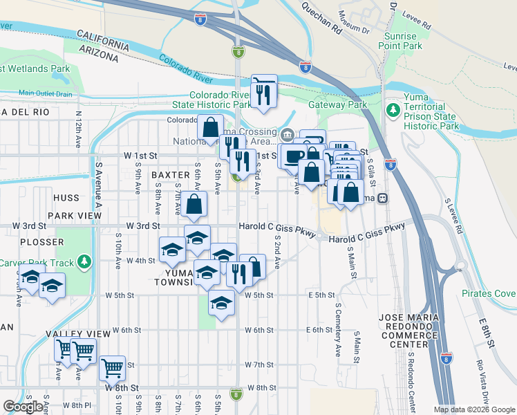 map of restaurants, bars, coffee shops, grocery stores, and more near 233 South 4th Avenue in Yuma