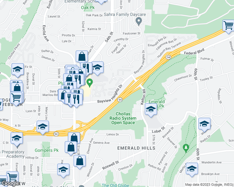 map of restaurants, bars, coffee shops, grocery stores, and more near 11 Bayview Heights Drive in San Diego