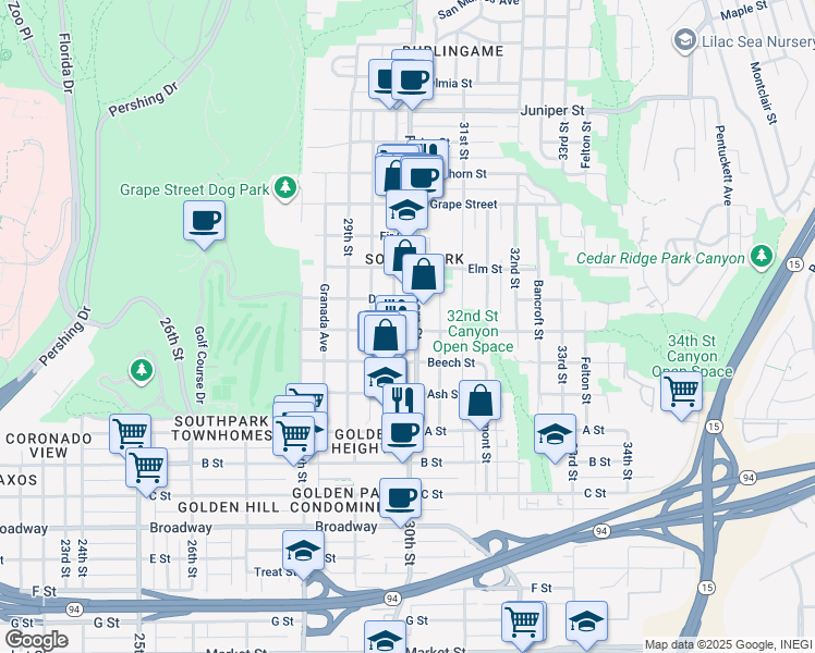 map of restaurants, bars, coffee shops, grocery stores, and more near 1605 Fern Street in San Diego