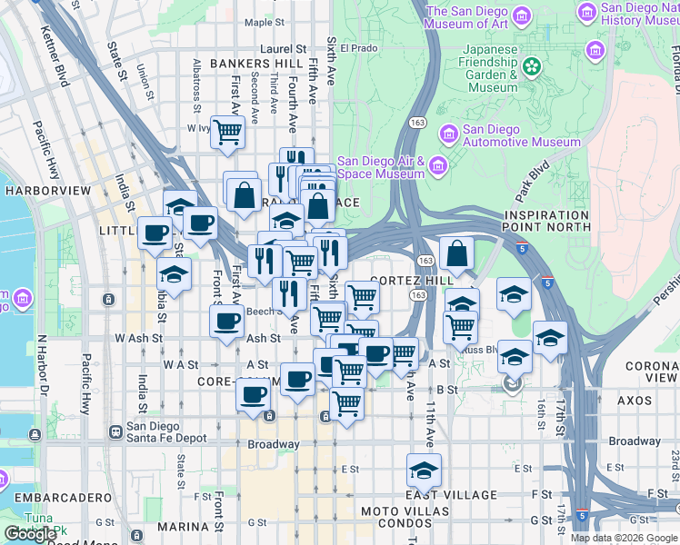 map of restaurants, bars, coffee shops, grocery stores, and more near 1643 Sixth Avenue in San Diego