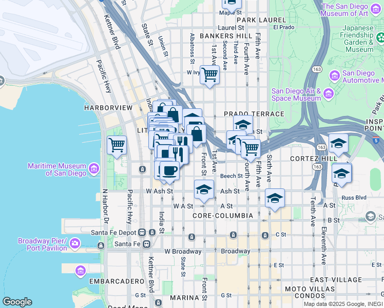 map of restaurants, bars, coffee shops, grocery stores, and more near 1631 State Street in San Diego