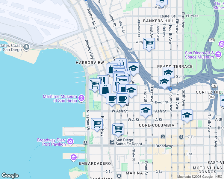 map of restaurants, bars, coffee shops, grocery stores, and more near 1670 Kettner Boulevard in San Diego