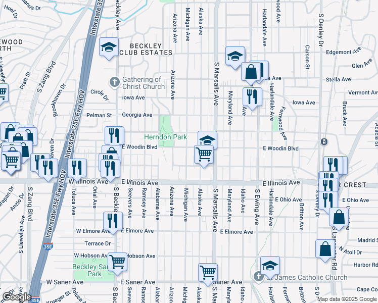 map of restaurants, bars, coffee shops, grocery stores, and more near 522 East Woodin Boulevard in Dallas
