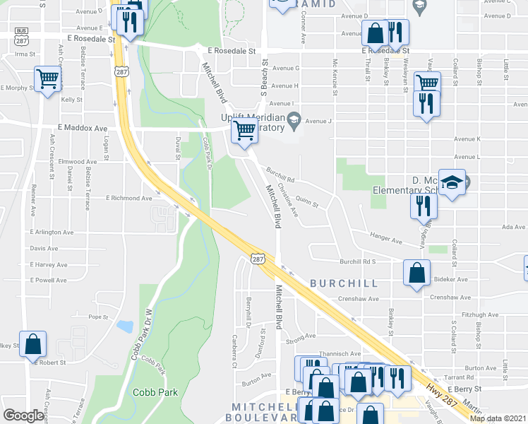 map of restaurants, bars, coffee shops, grocery stores, and more near 2220 Brooks Street in Fort Worth