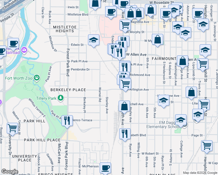 map of restaurants, bars, coffee shops, grocery stores, and more near 1902 Windsor Place in Fort Worth