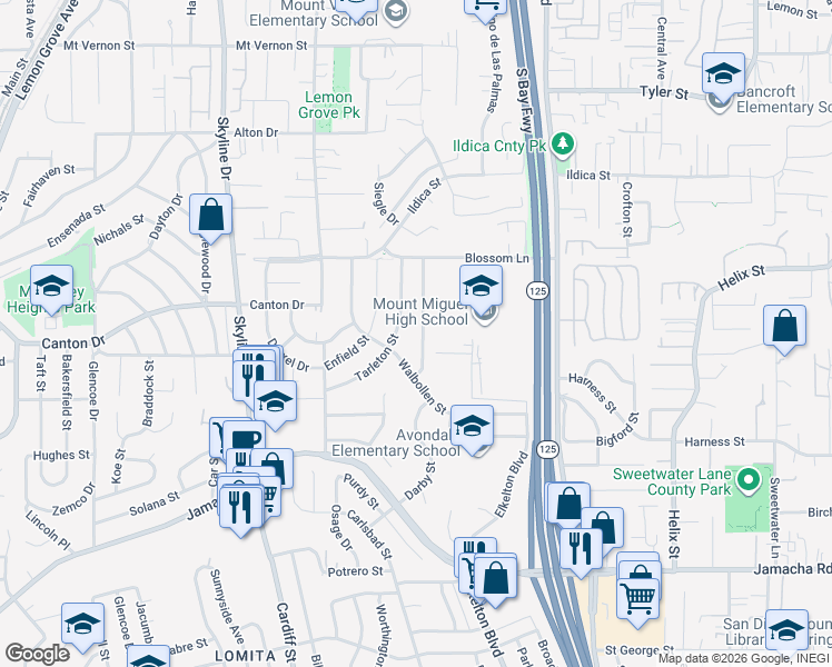 map of restaurants, bars, coffee shops, grocery stores, and more near 1552 Folkestone Street in Spring Valley