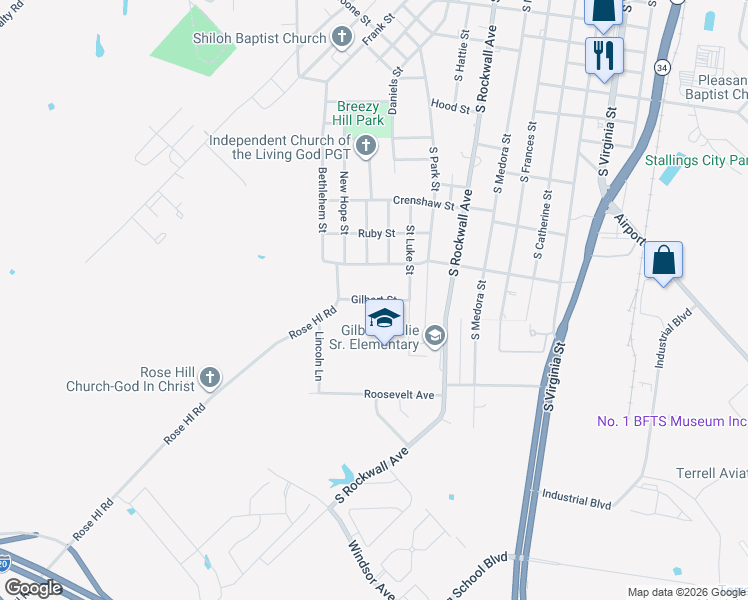 map of restaurants, bars, coffee shops, grocery stores, and more near 712 Gilbert Street in Terrell
