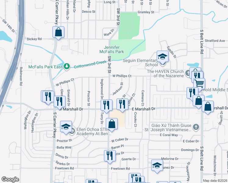 map of restaurants, bars, coffee shops, grocery stores, and more near 1646 Jackson Street in Grand Prairie