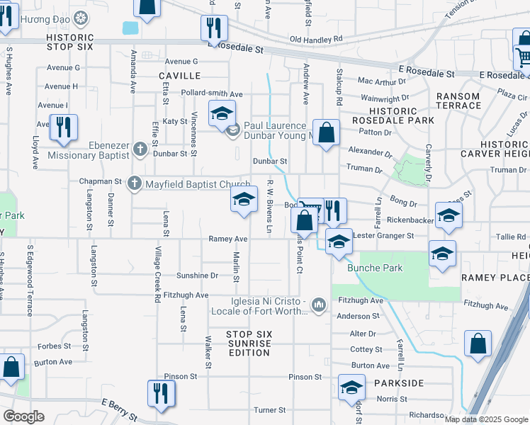 map of restaurants, bars, coffee shops, grocery stores, and more near 2208 Bethune Street in Fort Worth