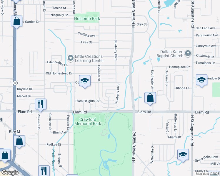 map of restaurants, bars, coffee shops, grocery stores, and more near 8719 Buckeye Drive in Dallas