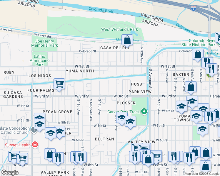map of restaurants, bars, coffee shops, grocery stores, and more near 269 South 16th Avenue in Yuma