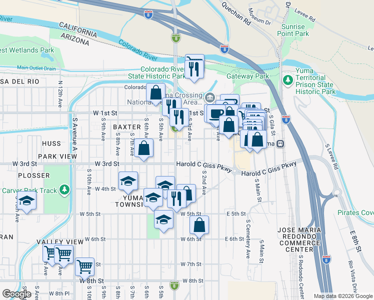 map of restaurants, bars, coffee shops, grocery stores, and more near 233 South 4th Avenue in Yuma