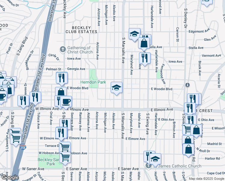 map of restaurants, bars, coffee shops, grocery stores, and more near 522 East Woodin Boulevard in Dallas
