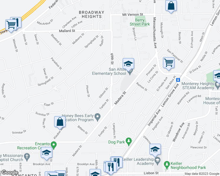map of restaurants, bars, coffee shops, grocery stores, and more near 1650 69th Street in Lemon Grove