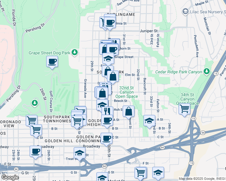 map of restaurants, bars, coffee shops, grocery stores, and more near 1605 Fern Street in San Diego
