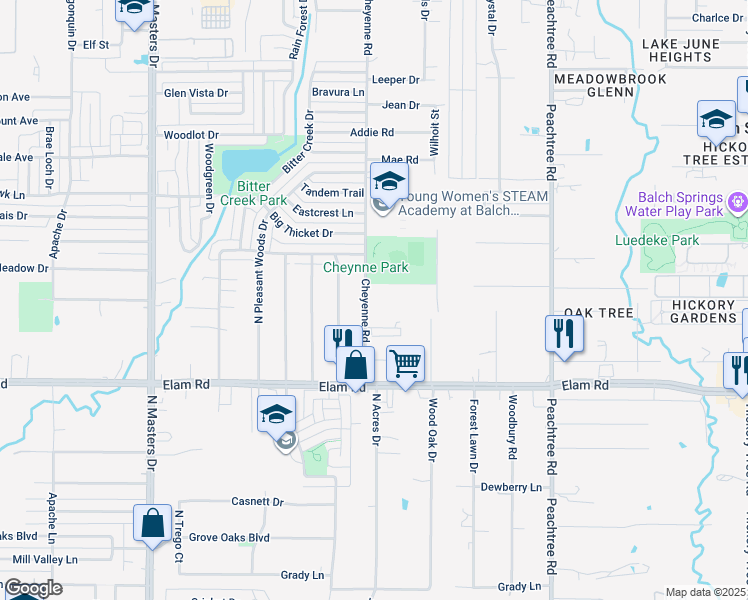 map of restaurants, bars, coffee shops, grocery stores, and more near 628 Cheyenne Road in Dallas