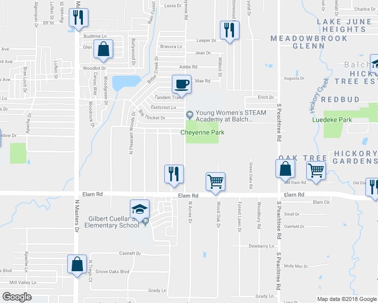 map of restaurants, bars, coffee shops, grocery stores, and more near 628 Cheyenne Road in Dallas