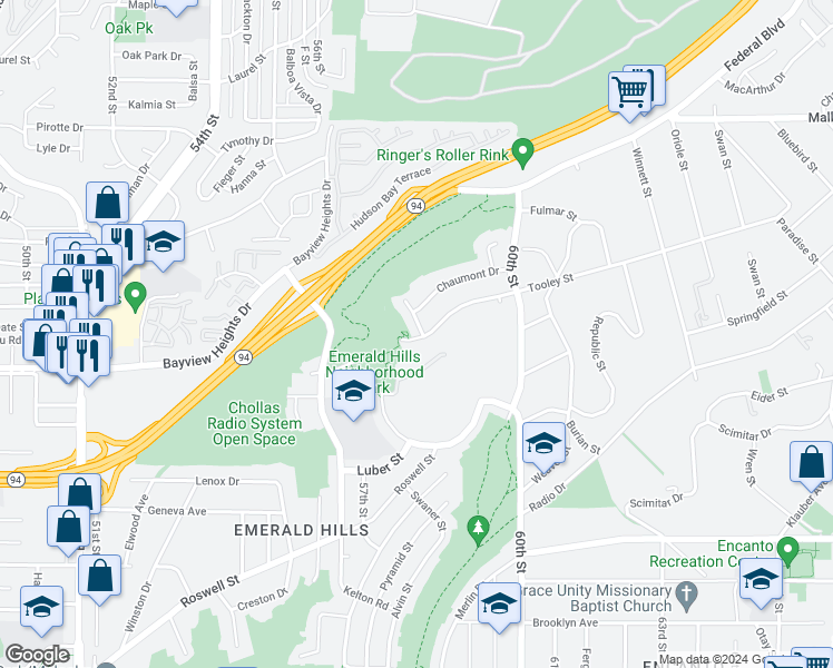 map of restaurants, bars, coffee shops, grocery stores, and more near 1808 Ballina Drive in San Diego