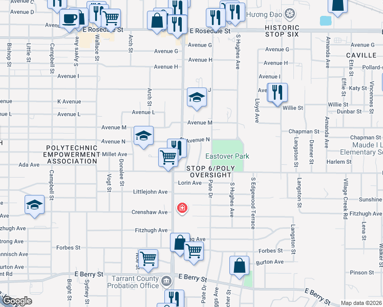 map of restaurants, bars, coffee shops, grocery stores, and more near 2221 Garrison Avenue in Fort Worth
